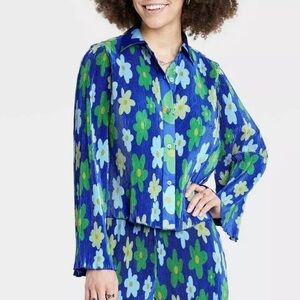 Target x Sammy B Blue Green Daisy Pleated Blouse XXL Retro 70s Floral
